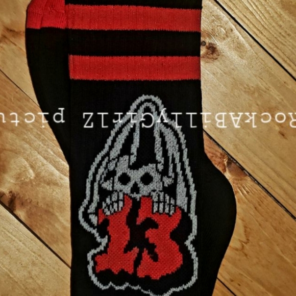 Sourpuss Grim Reaper Lucky 13 Vintage Tattoo Flash Red Double Stripe 16" Socks - Picture 3 of 5